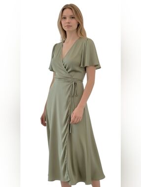 NWT Sage Green Satin Wrap Midi Dress Flutter Sleeve Wedding Guest S RESET